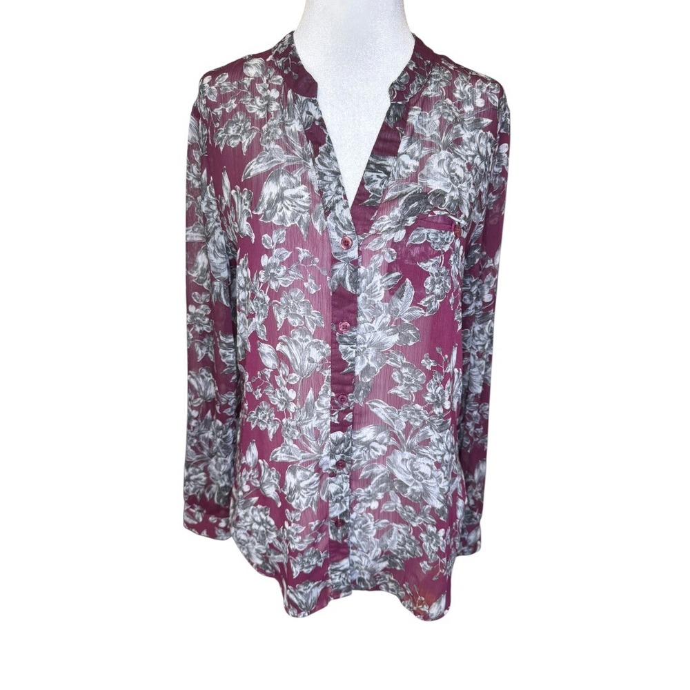 KUT from the Kloth Burgundy Floral Sheer Roll Tab Button Down Blouse Small